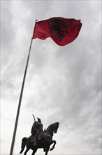 Albania, Tirane, Tirana, Equestrian statue of national hero George Castriot Skanderbeg below