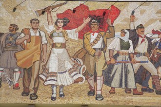 Albania, Tirane, Tirana, National History Museum. Detail of mosaic on the exterior facade of the