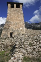 Albania, Kruja, Exterior of stone watch tower at Kruja Castle.