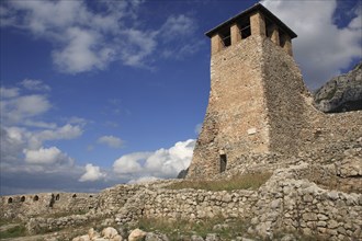 Albania, Kruja, Exterior of stone watch tower at Kruja Castle.