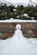 Weather, Winter, Snow, Snowman made against wall.