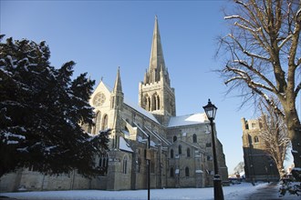 England, West Sussex, Chichester, Cathedral in snow.