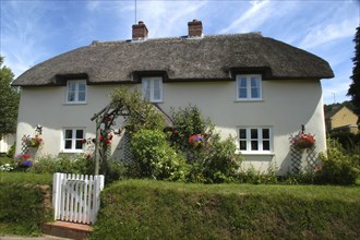 England, Devon, General, Thatched cottage with white gate