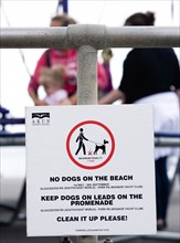 England, West Sussex, Bognor Regis, Sign on seafront railings warning that no dogs are allowed on