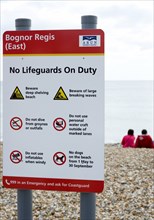 England, West Sussex, Bognor Regis, Sign on the beach warning that No Lifeguards ar On Duty and