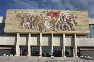 Albania, Tirane, Tirana, Mosaic on the exterior facade of the National History Museum in Skanderbeg