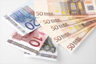 Business, Finance, Money, Five  ten  twenty and fifty denomination Euro bank-notes.