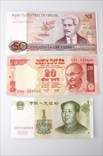 Business, Finance, Money, A Chinese  Indian and Brazilian bank note.