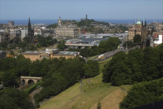Scotland, Lothian, Edinburgh, View over the National Gallery and Railway station toward Carlton