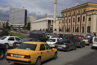 Albania, Tirane, Tirana, Congested traffic in front of the Opera House  Ethem Bey Mosque and