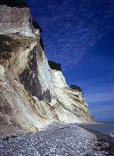Denmark, Isle of Mon, Mons Klint, East facing chalk sea cliffs with flintstone beach.  Blue sky