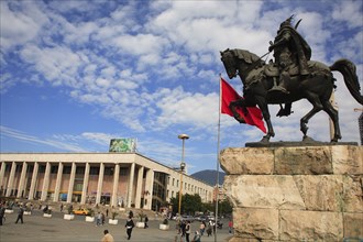 Albania, Tirane, Tirana, Equestrian statue of national hero George Castriot Skanderbeg in busy