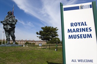 Royal Marines Museum on Southsea seafront with bronze sculpture Yomper by Philip Jackson modelled