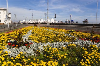 South Parade Pier built in 1908 on the seafront in Southsea with a floral garden display in the
