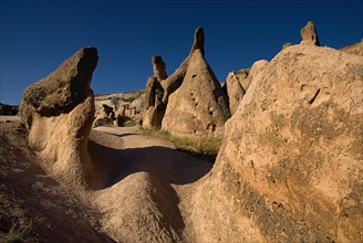 Rock formations in tufa volcanic landscape of Devrent Valley also known as Imaginery Valley or Pink