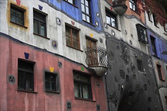 The Hundertwasser-Krawinahaus part view of exterior facade of apartment building. Photo: Bennett
