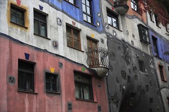 The Hundertwasser-Krawinahaus part view of exterior facade of apartment building. Photo : Bennett