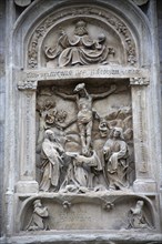 Stone carving of the crucifixion on the outside of the Stephansdom Cathedral. Photo : Bennett Dean