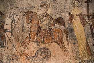 Open Air Museum. Snake Church wall fresco depicting St Theodore and St George slaying snake-like