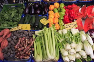 Vegetable stall in the Naschmarkt. Cropped view of display of produce including fennel celery