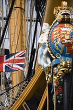 Bow and rigging of Admiral Lord Nelsons flagship HMS Victory showing the ships figurehead with