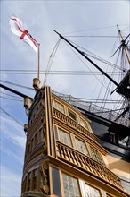 Historic Naval Dockyard HMS Victory the Flagship of Admiral Lord Nelson showing the stern with the