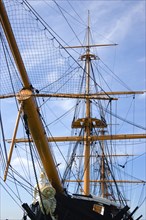 Historic Naval Dockyard Figurehead masts and rigging of HMS Warrior built in 1860 as the first iron