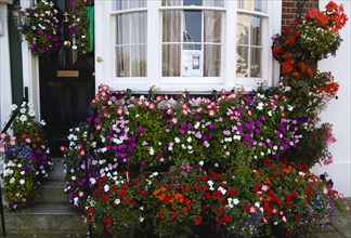 House in Old Portsmouth with a flower display of window boxes and hanging baskets celebrating the