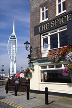 The 170 metre tall Spinnaker Tower seen from Spice Island in Old Portsmouth with The Spice Island