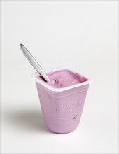 Yeo Valley probiotic blueberry fruit yogurt with spoon in pot against a white background. Photo :