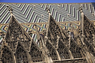 Stephansdom Cathedral. Detail of diamond patterned tile roof added in 1952. Photo : Bennett Dean
