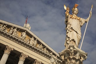 Angled view of the statue of Athena in front of Parliament building. Photo: Bennett Dean