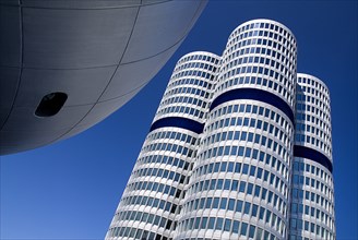 BMW Headquarters exterior. Angled part view of the BMW Tower which stands 101 metres tall and