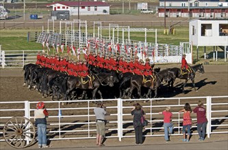 Canada, Alberta, Lethbridge, Royal Canadian Mounted Police Musical Ride 32 RCMP cavalry in full