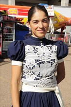 Mexico, Bajio, Zacatecas, Charra or female cowboy in traditional dress at the Rodeo. 
Photo : Nick