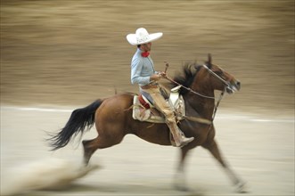 Mexico, Bajio, Zacatecas, Traditional horseman or Charro performing at Mexican rodeo. Single horse