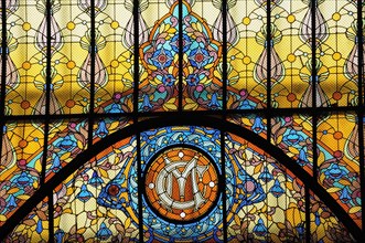 Mexico, Federal District, Mexico City, Detail of Tiffany glass window in the Gran Hotel Zocalo.