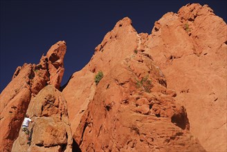 USA, Colorado, Colorado Springs, Garden of the Gods public park climber ascending rock face of