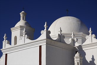 USA, Arizona, Tucson, Mission Church of San Xavier del Bac. Exterior detail of white painted roof.