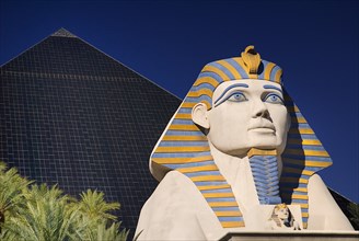 USA, Nevada, Las Vegas, The Strip exterior of the Luxor hotel and casino. Sphinx and Pyramid.