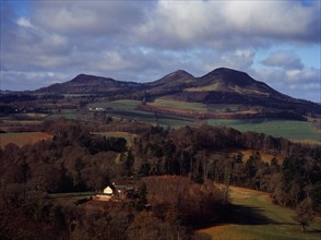 Scotland, Borders, Melrose, Eildon Hills circa 422 metres from Scotts View. Rooftops of house in