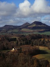 Scotland, Borders, Melrose, Eildon Hills circa 422 metres from Scotts View. Rooftops of house in
