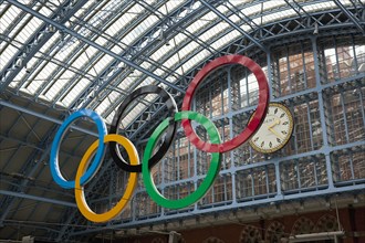 England, London, St Pancras railway station on Euston Road Olympic Games sign and clock in the