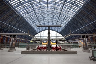 England, London, St Pancras railway station on Euston Road Eurostar trains sat on the concourse.