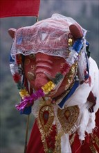 Nepal, Annapurna, Larjung, Decorated figure of god of the Thakali Gauchan clan during Lha Phewa