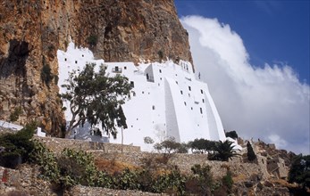 Greece, Aegean Islands, Amorgos, Moni Chozoviotissa. Exterior of white painted Byzantine monastery