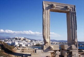 Greece, Aegean Islands, Cyclades, Naxos. Ruins of temple and the Portara Gateway marble doorway