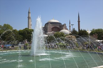 Turkey, Istanbul, Sultanahmet Ayasofya Muzesi Hagia Sofia Museum with fountain in the foreground.