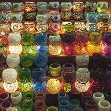 Turkey, Istanbul, Eminonu Misir Carsisi Spice Market display of colourful lamps. 
Photo : Stephen