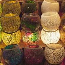 Turkey, Istanbul, Eminonu Misir Carsisi Spice Market display of colourful lamps. 
Photo : Stephen